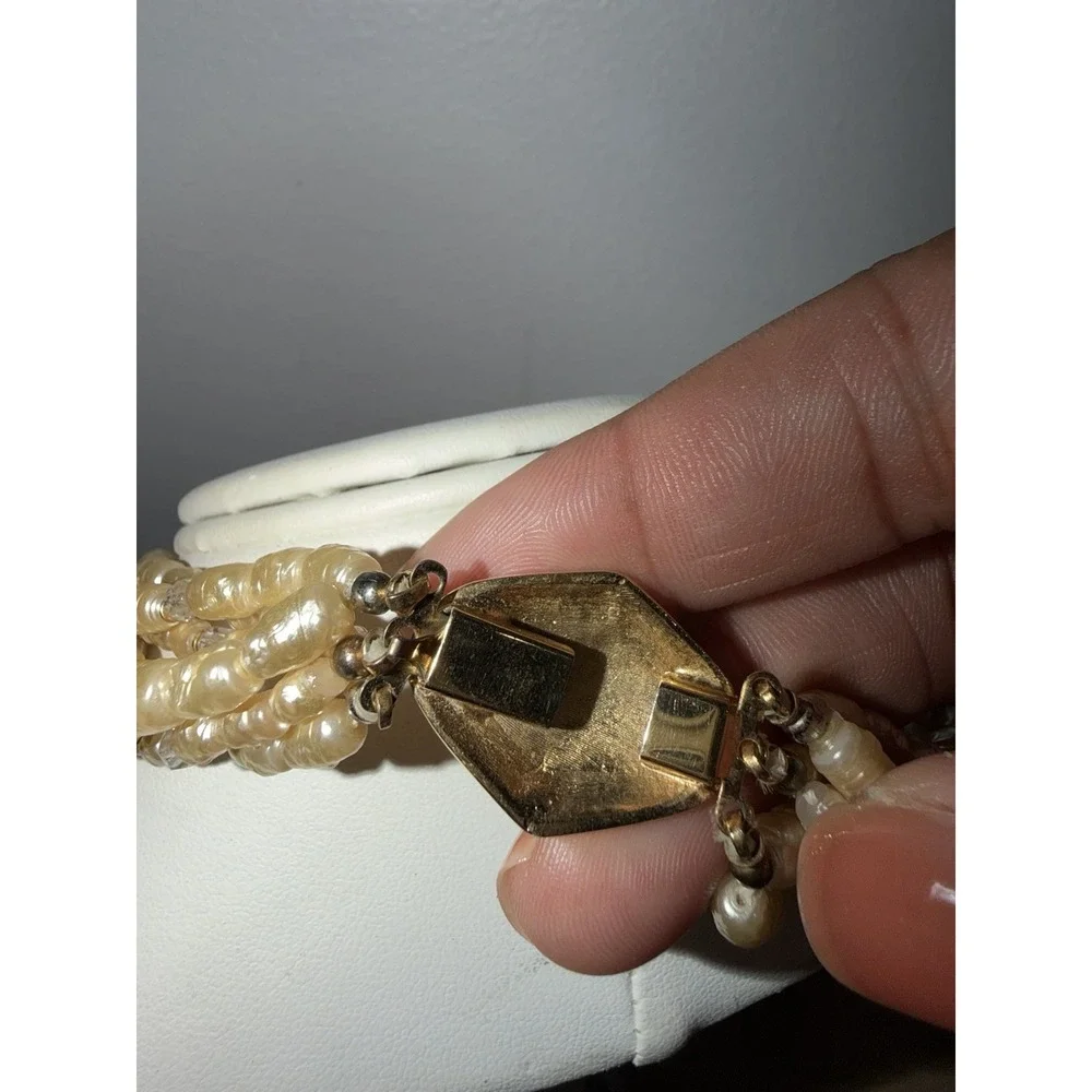 Vintage 6 Strand Pearl Pendant Necklace Gold Tone Clasp Rhinestones 17